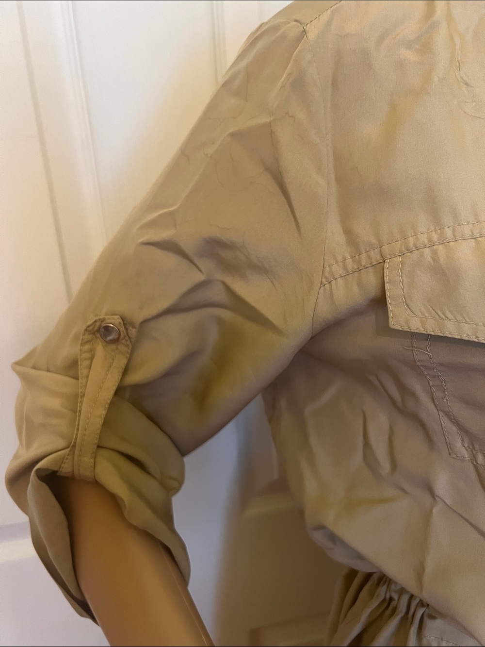 Women's Silk Tan Utility Shirt Dress - Casual Drawstring Waist S/P - Picture 3 of 8